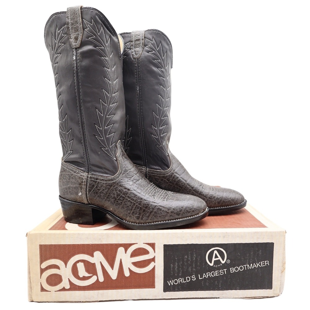 Acme 80s Western Boots Youth 3.5 D Grey Elephant Print Leather NIB 2395 Vintage
